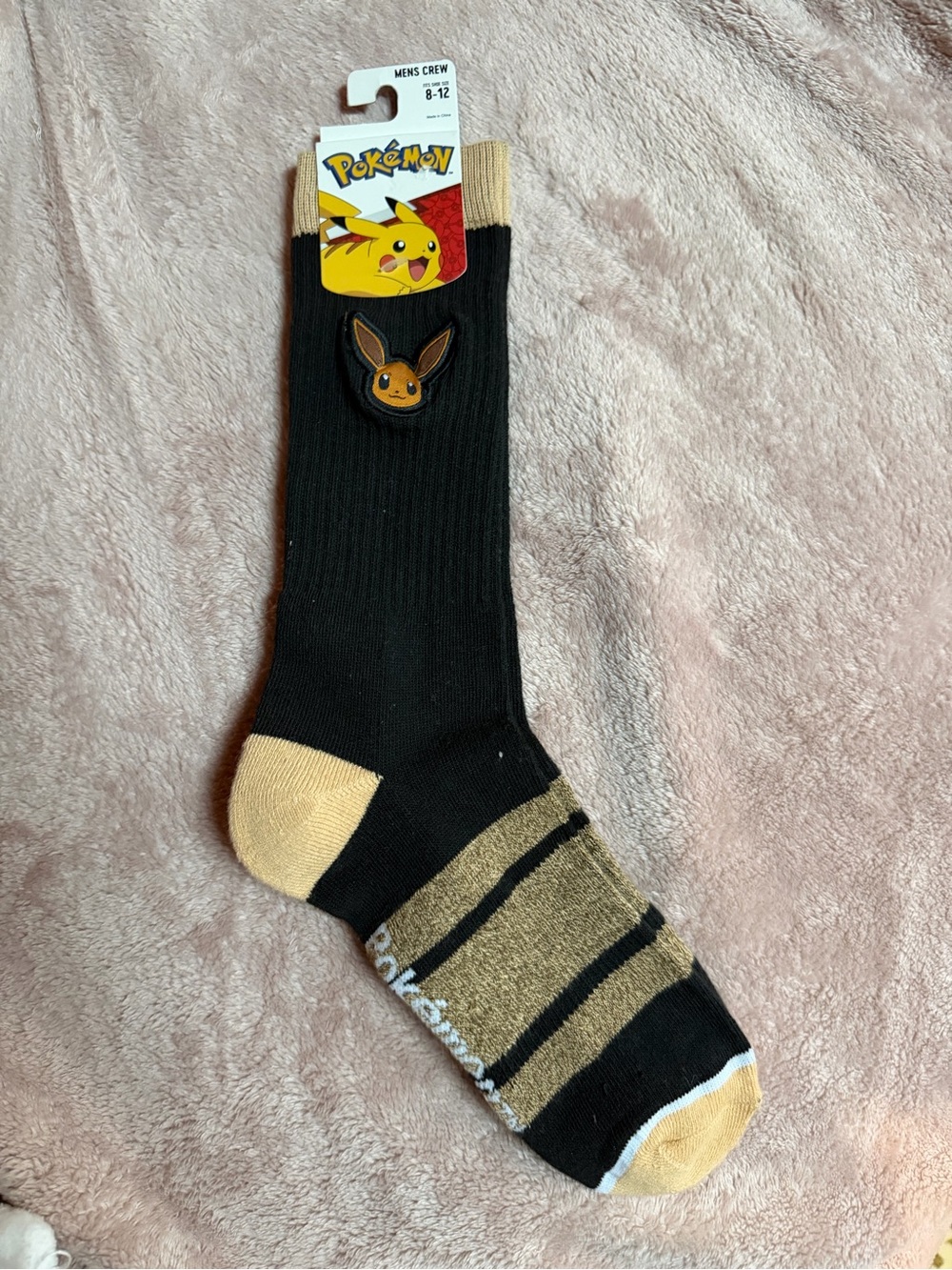 Bioworld Men's Crew Socks in Black and Tan with Eevee Patch